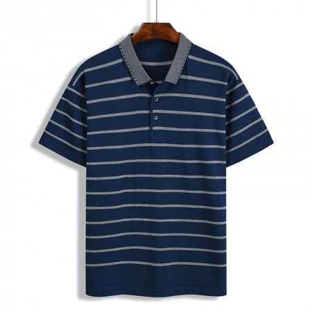 New Summer Men's Hooded Striped Lapel T-Shirt Lapel Short-Sleeved Hair